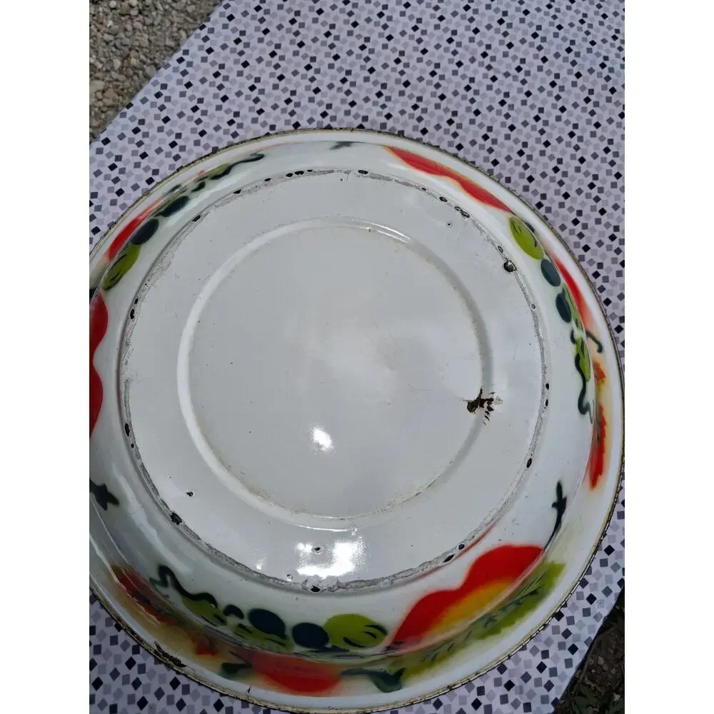 Vintage Enamel Metal Fruit Pattern Round Bowl 15 3/4 in Multicolor Painted